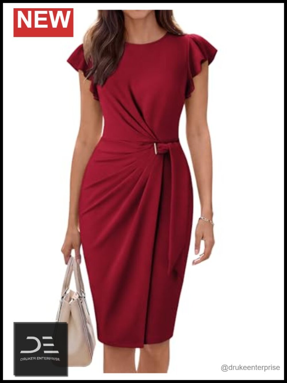 Business Casual Midi Dress Bodycon Ruched Flutter Sleeve Work Church